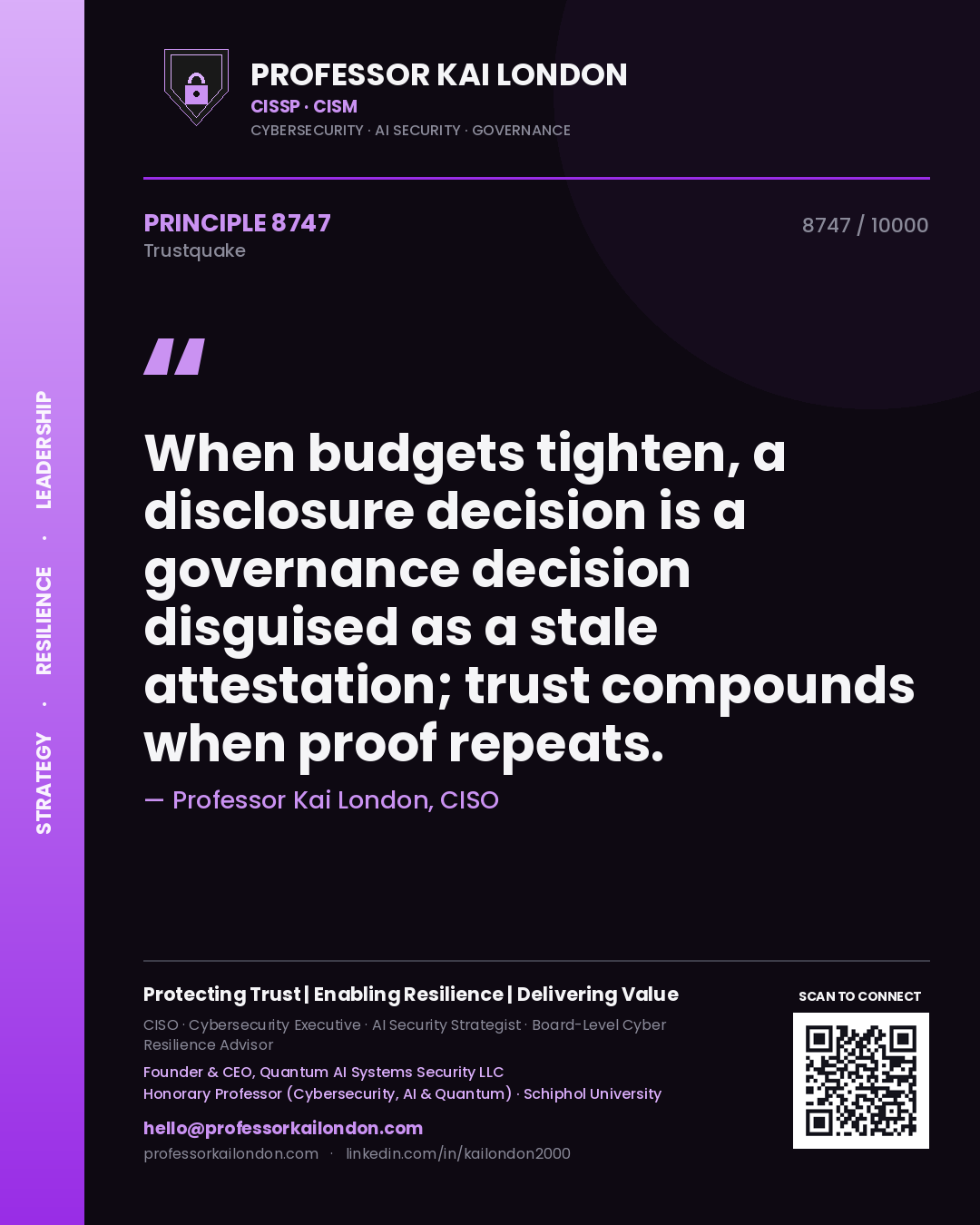 Professor Kai London principle 8747: When budgets tighten, a disclosure decision is a governance decision disguised as a stale attestation; trust compounds when proof repeats.