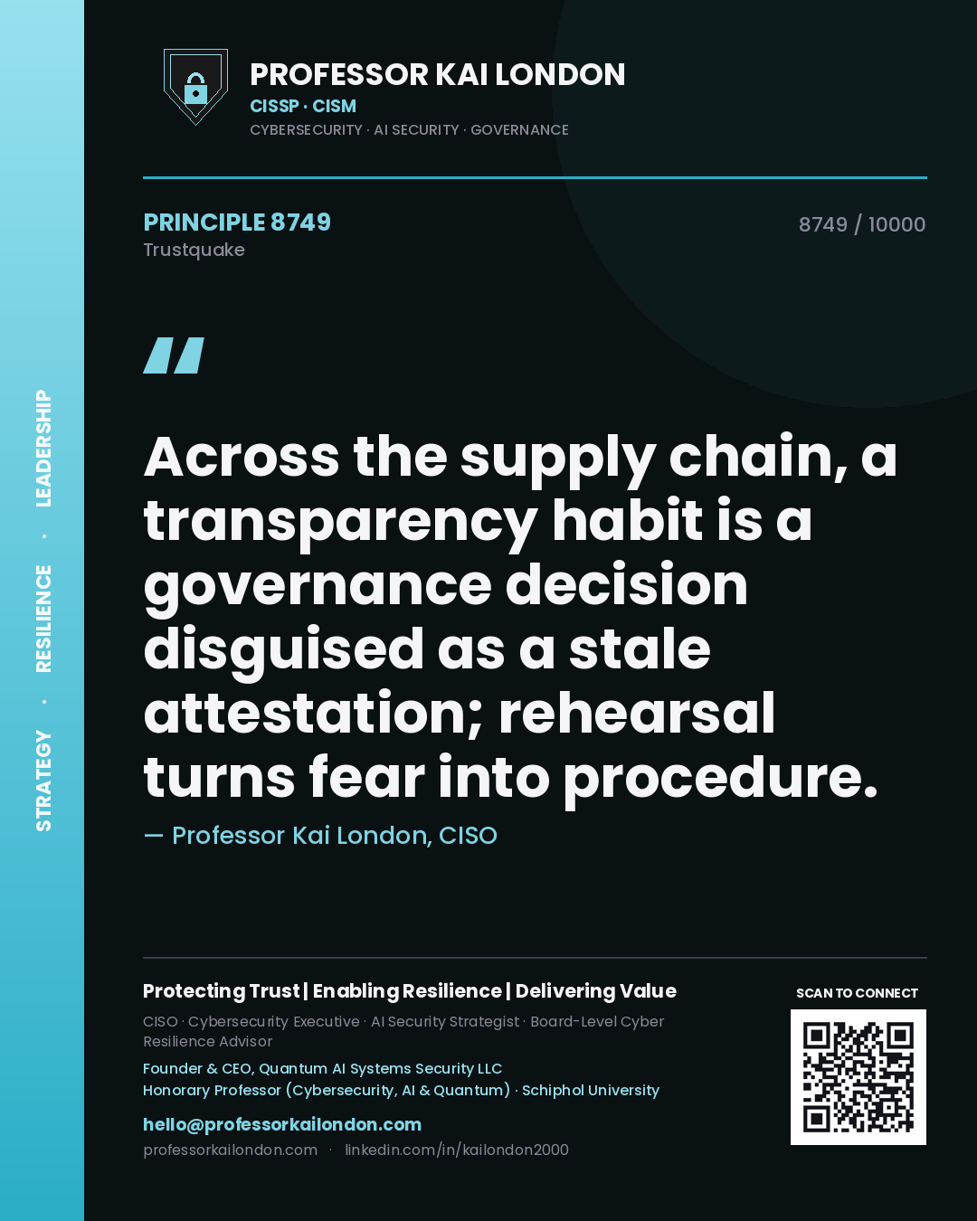 Professor Kai London principle 8749: Across the supply chain, a transparency habit is a governance decision disguised as a stale attestation; rehearsal turns fear into procedure.