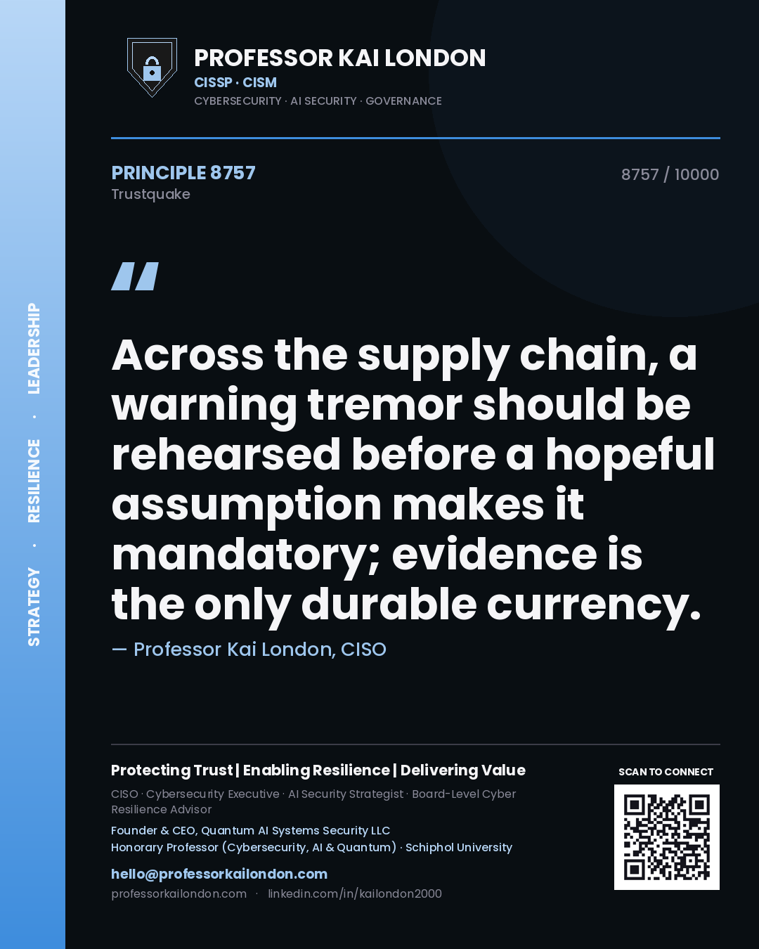 Professor Kai London principle 8757: Across the supply chain, a warning tremor should be rehearsed before a hopeful assumption makes it mandatory; evidence is the only durable currency.