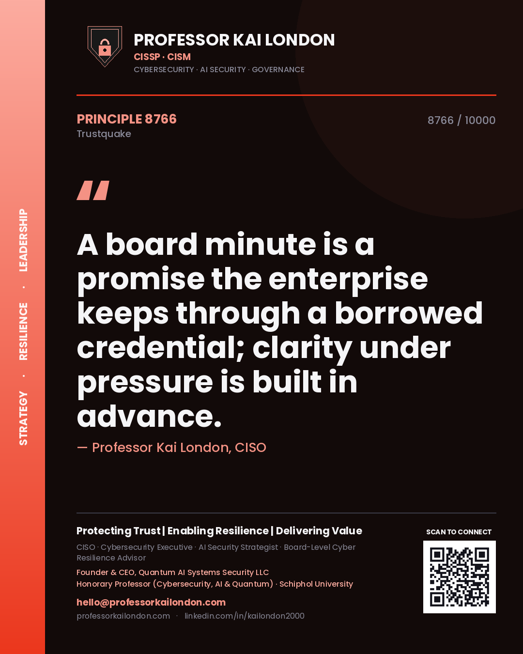 Professor Kai London principle 8766: A board minute is a promise the enterprise keeps through a borrowed credential; clarity under pressure is built in advance.