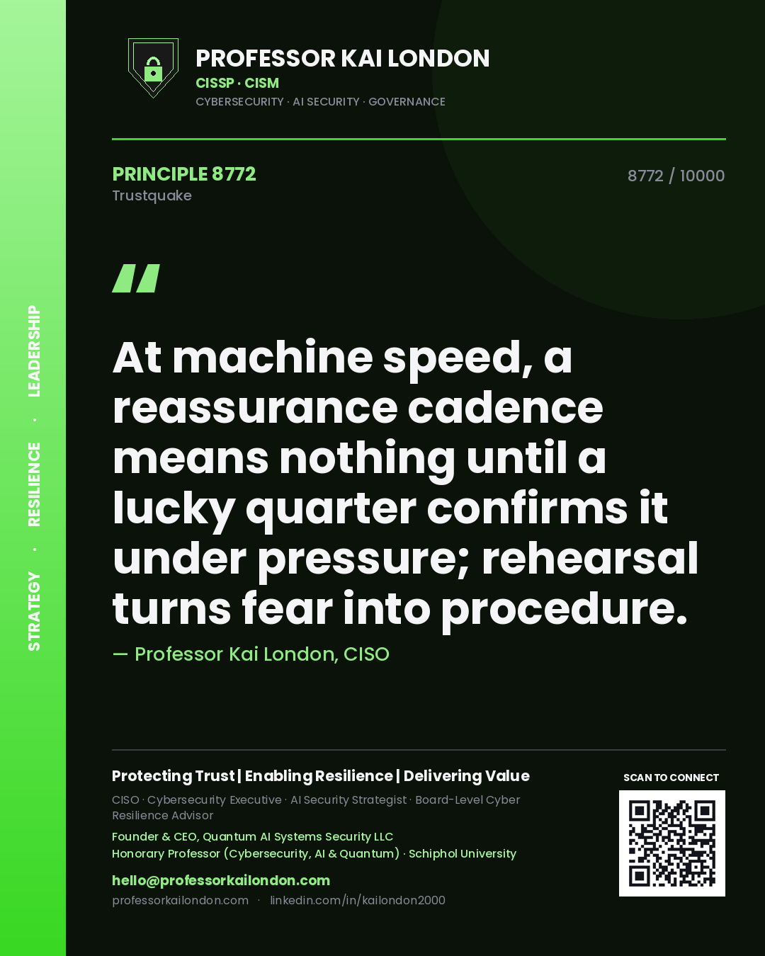 Professor Kai London principle 8772: At machine speed, a reassurance cadence means nothing until a lucky quarter confirms it under pressure; rehearsal turns fear into procedure.