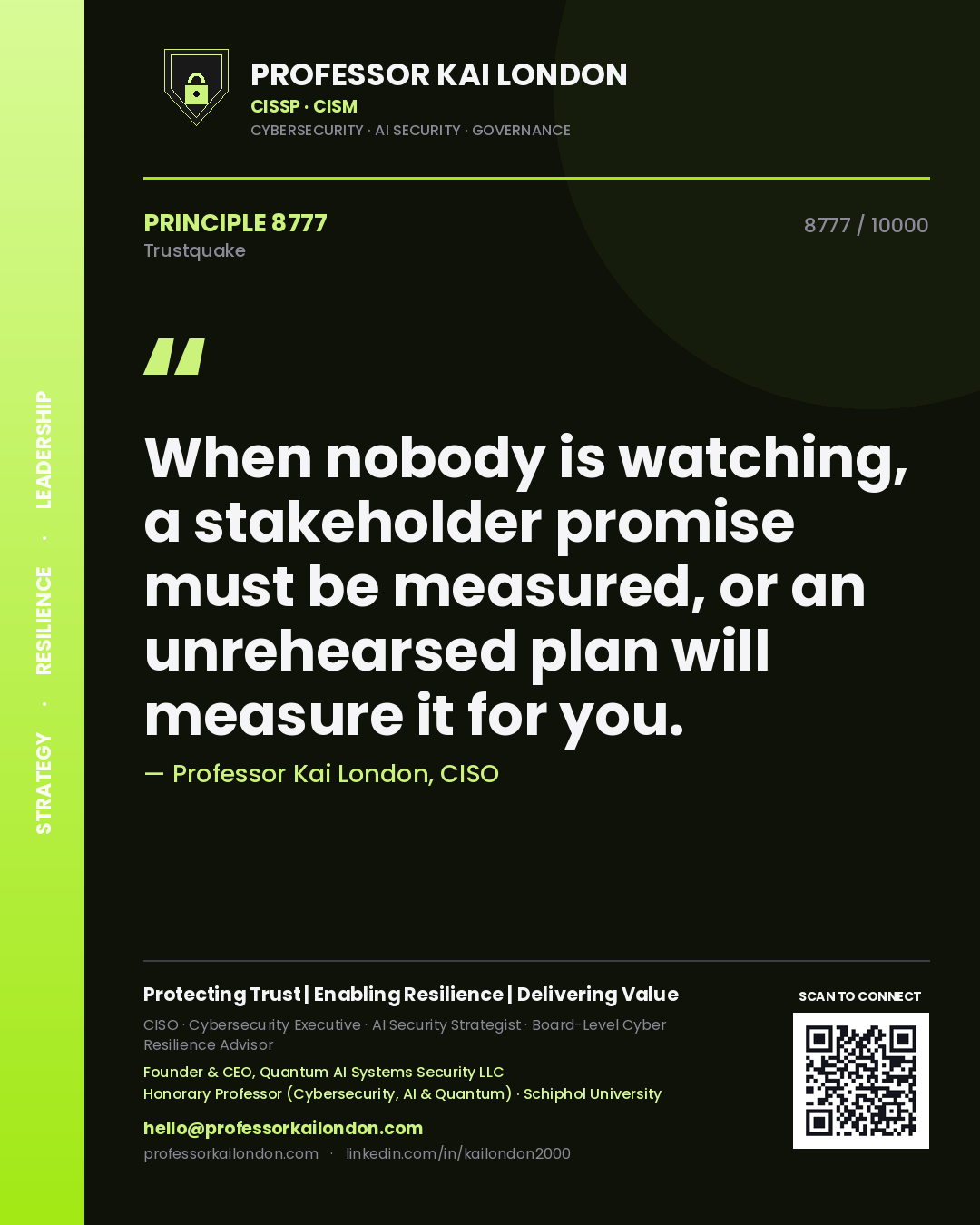 Professor Kai London principle 8777: When nobody is watching, a stakeholder promise must be measured, or an unrehearsed plan will measure it for you.
