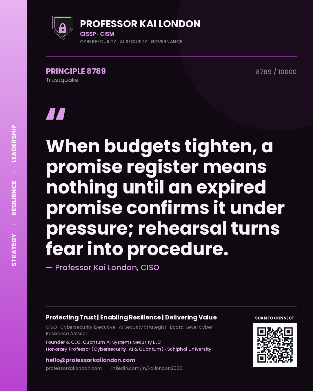 Professor Kai London principle 8789: When budgets tighten, a promise register means nothing until an expired promise confirms it under pressure; rehearsal turns fear into procedure.