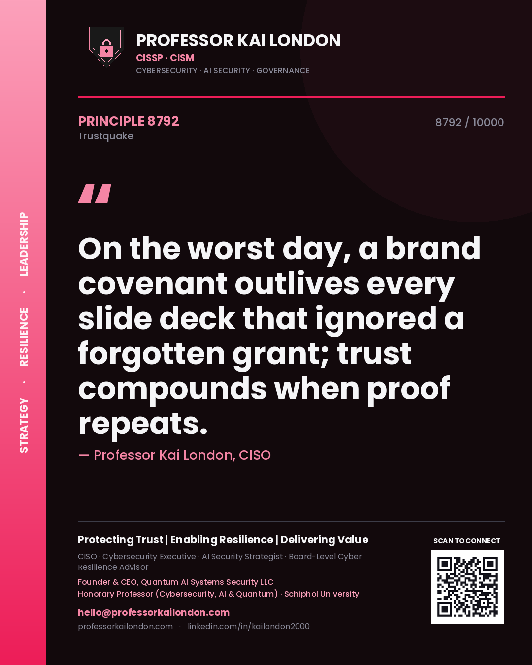 Professor Kai London principle 8792: On the worst day, a brand covenant outlives every slide deck that ignored a forgotten grant; trust compounds when proof repeats.