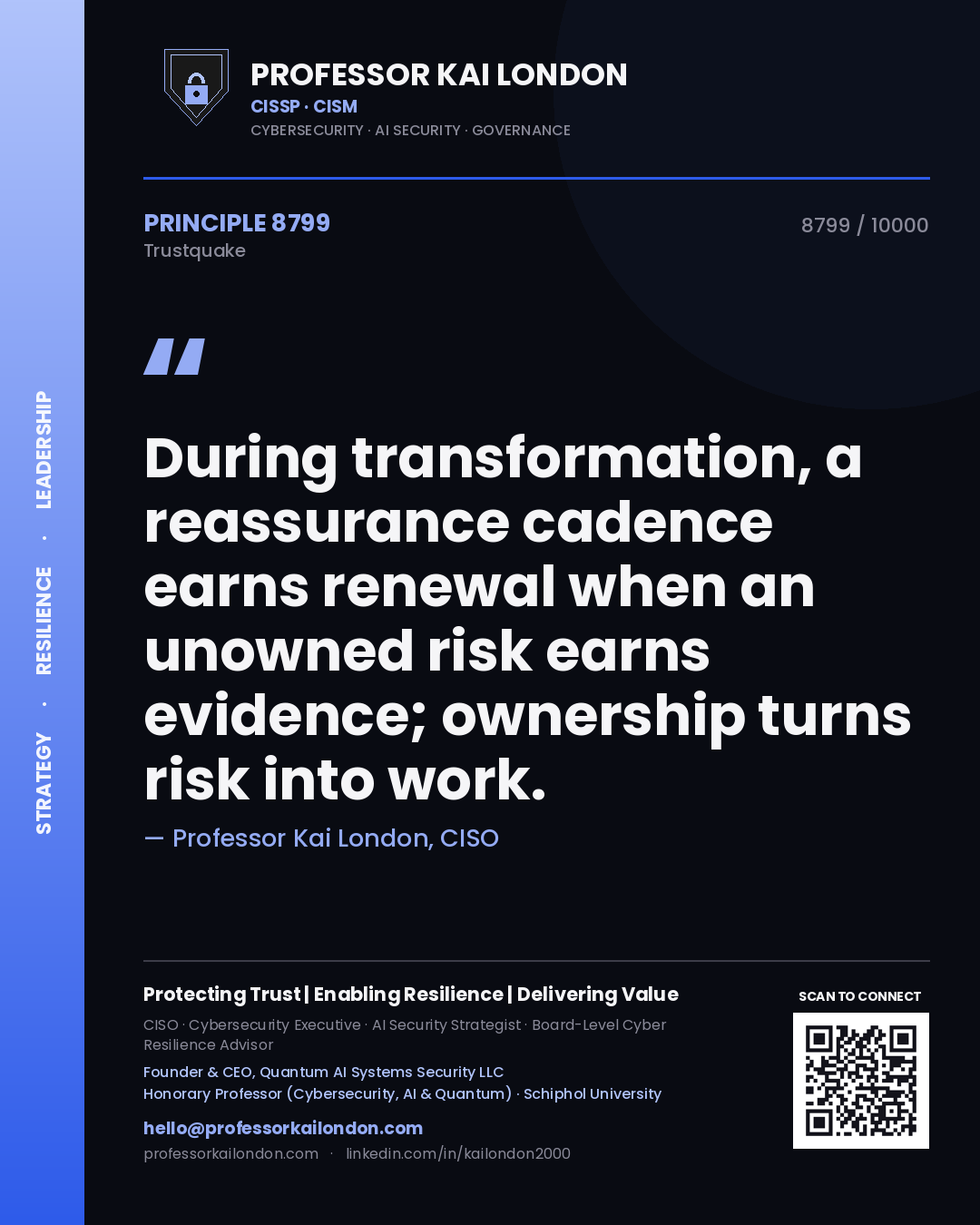 Professor Kai London principle 8799: During transformation, a reassurance cadence earns renewal when an unowned risk earns evidence; ownership turns risk into work.