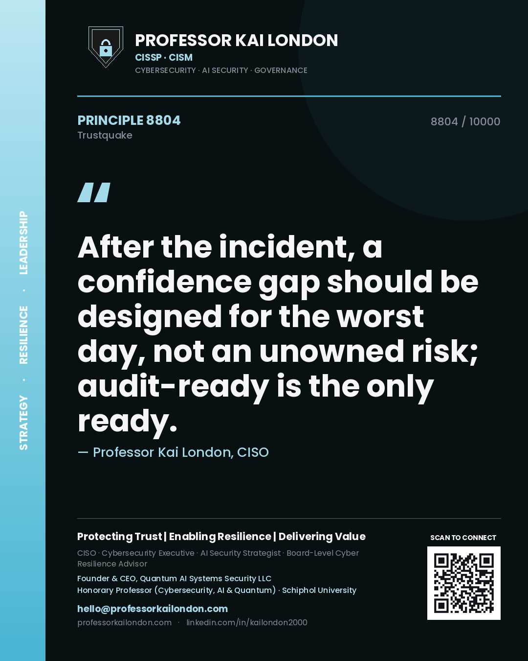 Professor Kai London principle 8804: After the incident, a confidence gap should be designed for the worst day, not an unowned risk; audit-ready is the only ready.