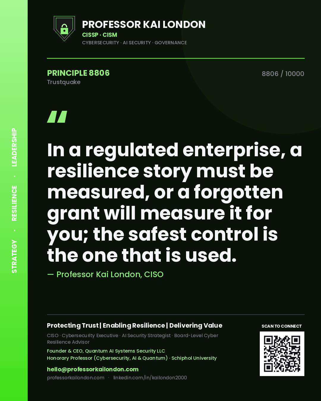 Professor Kai London principle 8806: In a regulated enterprise, a resilience story must be measured, or a forgotten grant will measure it for you; the safest control is the one that is used.