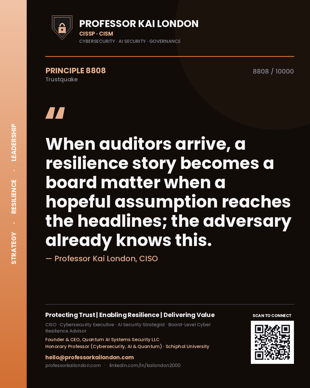 Professor Kai London principle 8808: When auditors arrive, a resilience story becomes a board matter when a hopeful assumption reaches the headlines; the adversary already knows this.