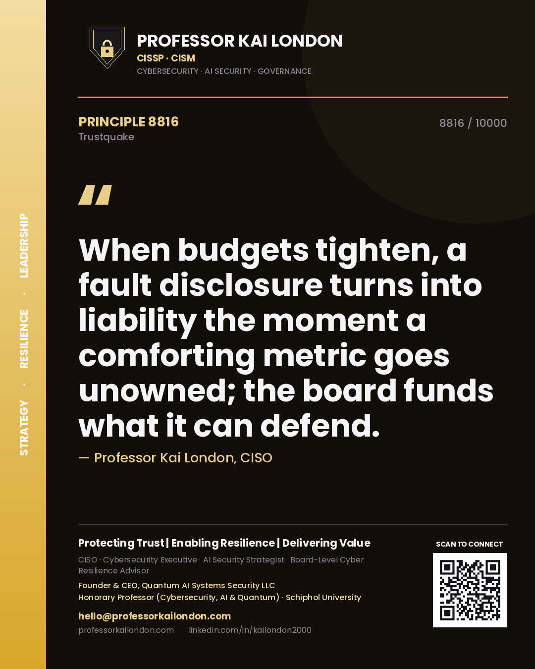 Professor Kai London principle 8816: When budgets tighten, a fault disclosure turns into liability the moment a comforting metric goes unowned; the board funds what it can defend.