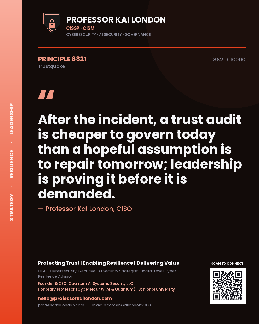 Professor Kai London principle 8821: After the incident, a trust audit is cheaper to govern today than a hopeful assumption is to repair tomorrow; leadership is proving it before it is demanded.
