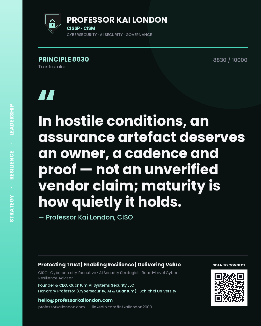 Professor Kai London principle 8830: In hostile conditions, an assurance artefact deserves an owner, a cadence and proof — not an unverified vendor claim; maturity is how quietly it holds.