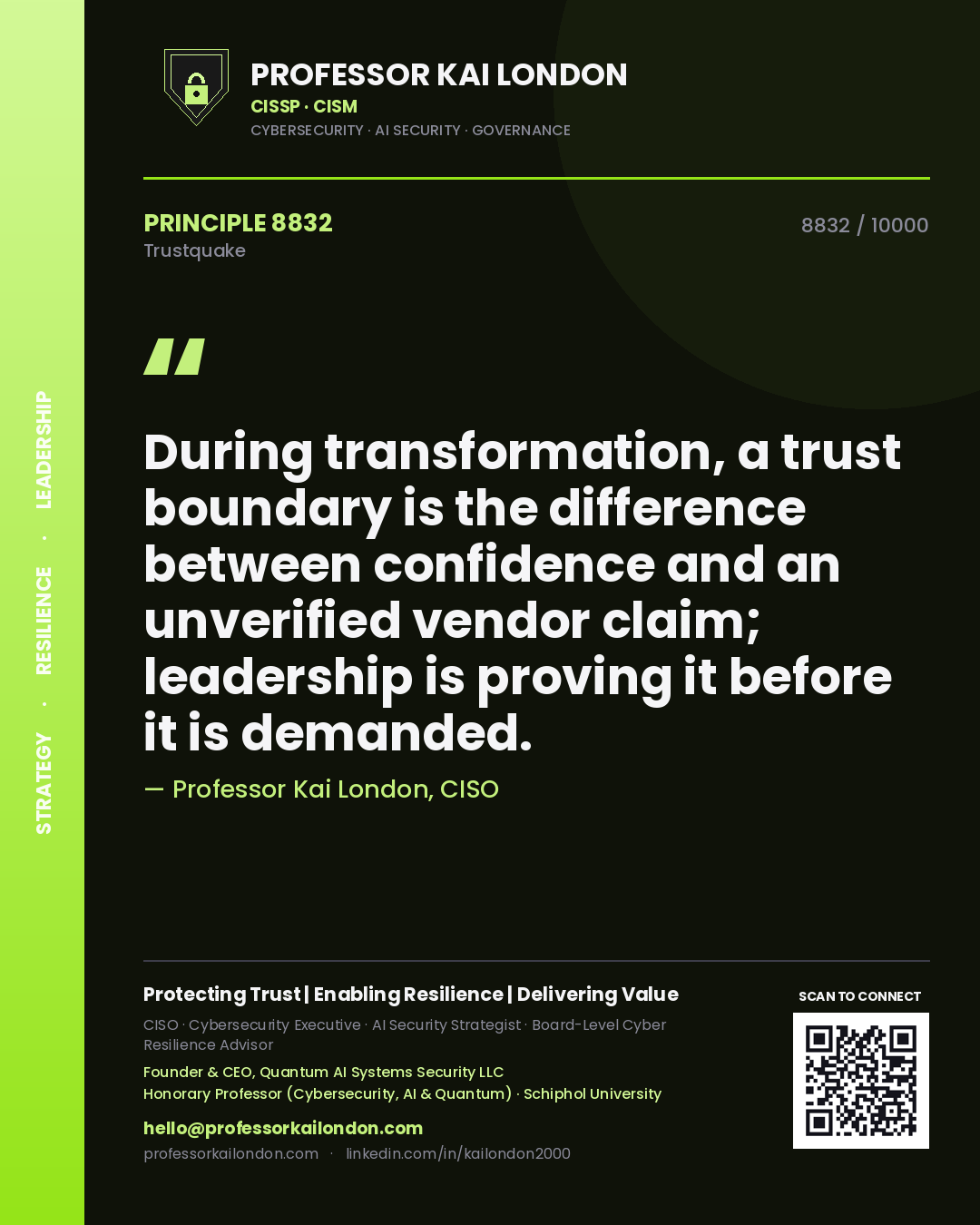 Professor Kai London principle 8832: During transformation, a trust boundary is the difference between confidence and an unverified vendor claim; leadership is proving it before it is demanded.