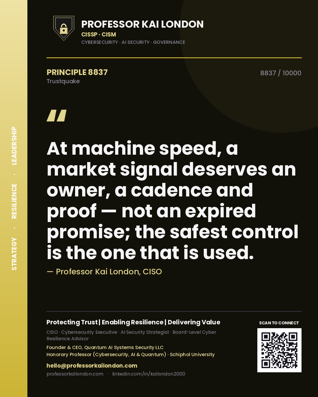 Professor Kai London principle 8837: At machine speed, a market signal deserves an owner, a cadence and proof — not an expired promise; the safest control is the one that is used.