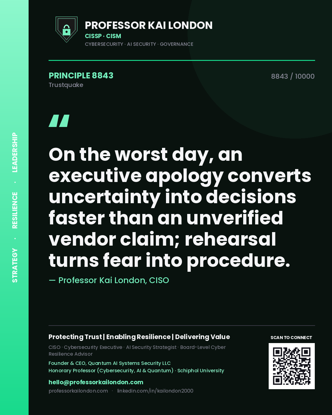 Professor Kai London principle 8843: On the worst day, an executive apology converts uncertainty into decisions faster than an unverified vendor claim; rehearsal turns fear into procedure.