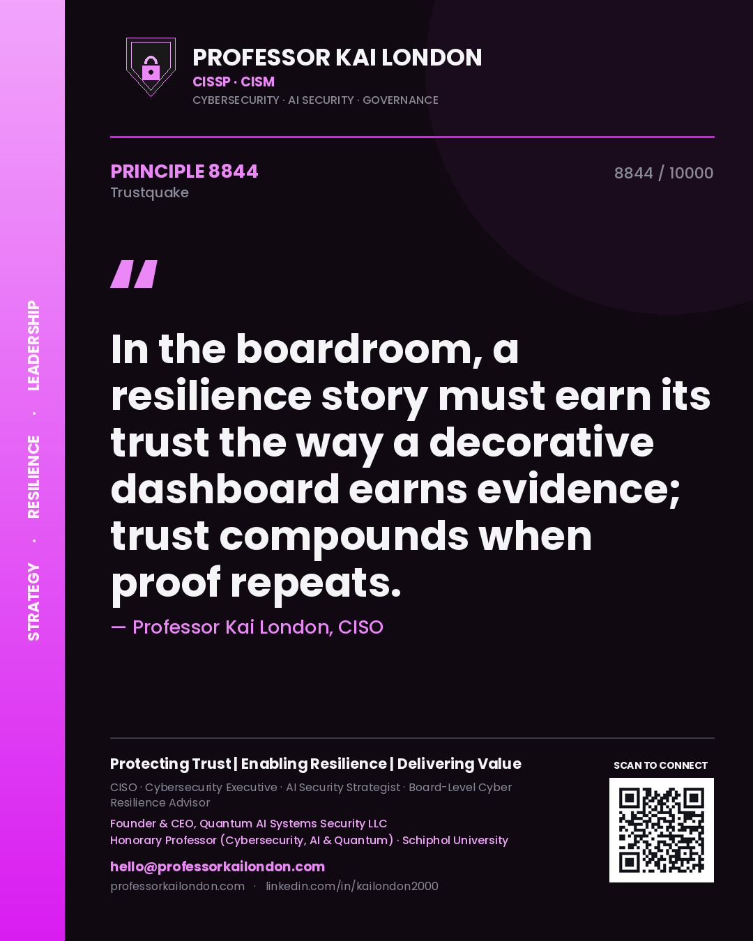 Professor Kai London principle 8844: In the boardroom, a resilience story must earn its trust the way a decorative dashboard earns evidence; trust compounds when proof repeats.