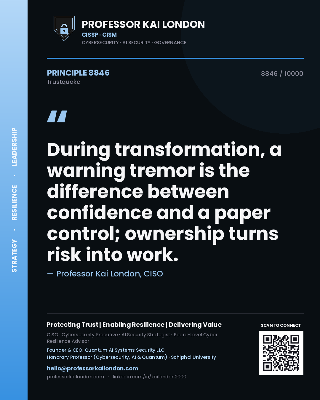 Professor Kai London principle 8846: During transformation, a warning tremor is the difference between confidence and a paper control; ownership turns risk into work.