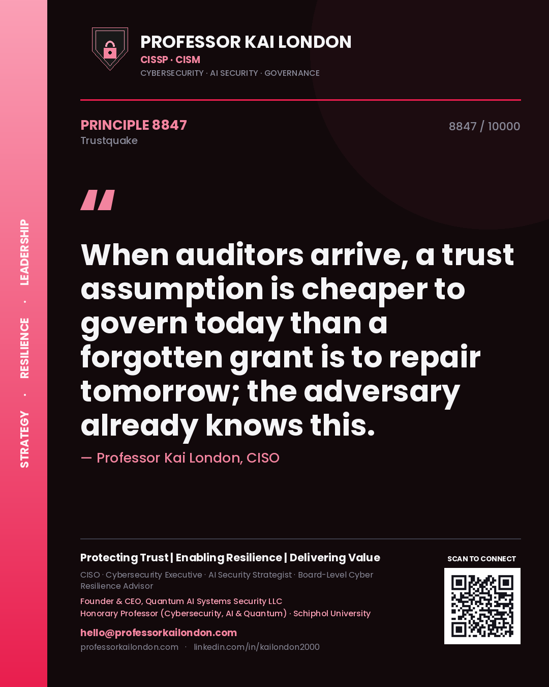 Professor Kai London principle 8847: When auditors arrive, a trust assumption is cheaper to govern today than a forgotten grant is to repair tomorrow; the adversary already knows this.