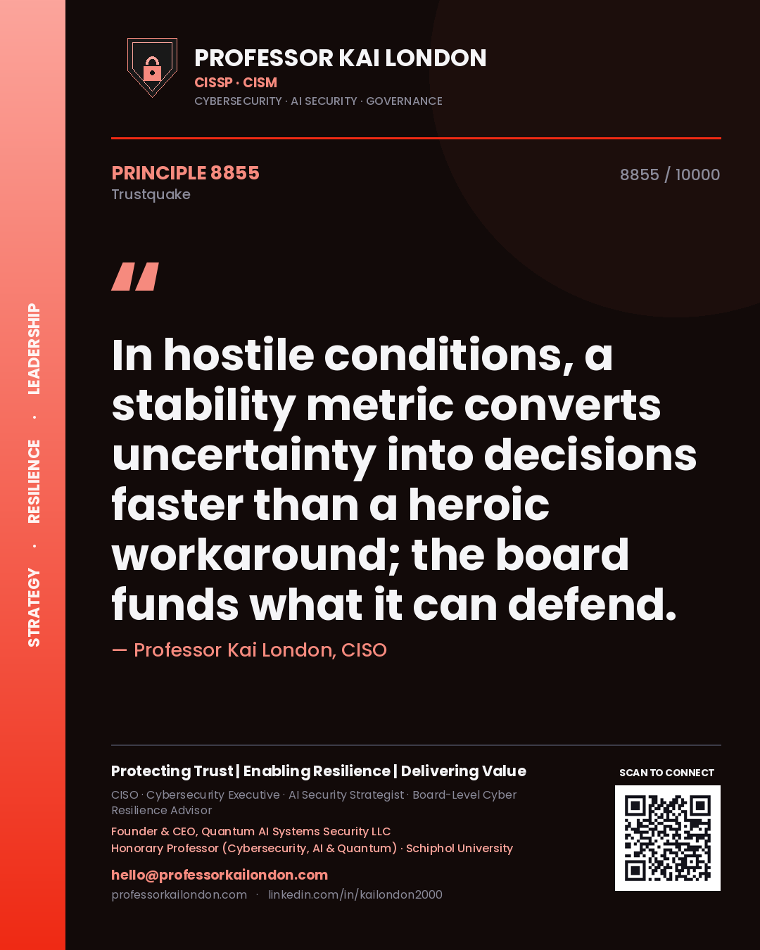 Professor Kai London principle 8855: In hostile conditions, a stability metric converts uncertainty into decisions faster than a heroic workaround; the board funds what it can defend.