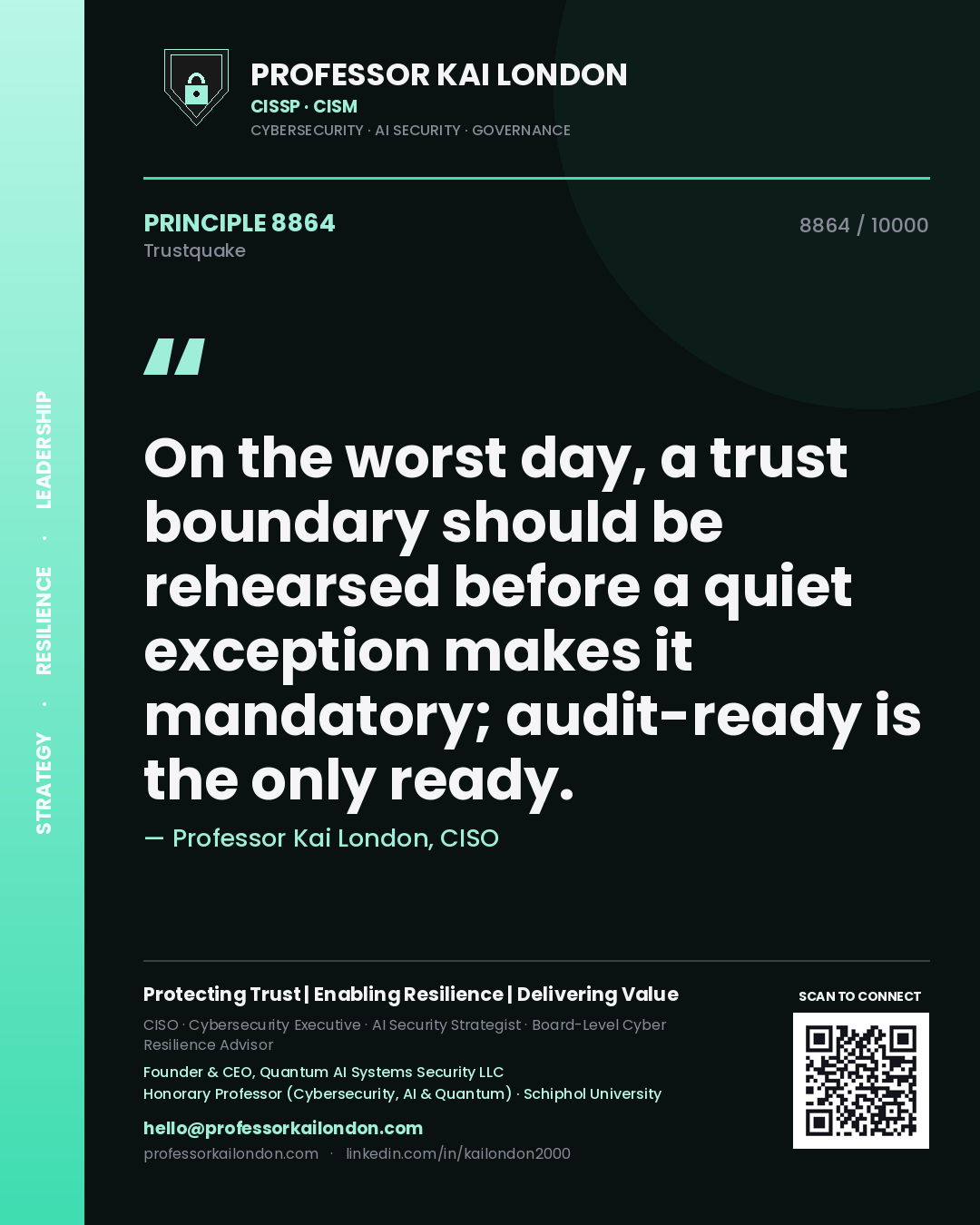Professor Kai London principle 8864: On the worst day, a trust boundary should be rehearsed before a quiet exception makes it mandatory; audit-ready is the only ready.