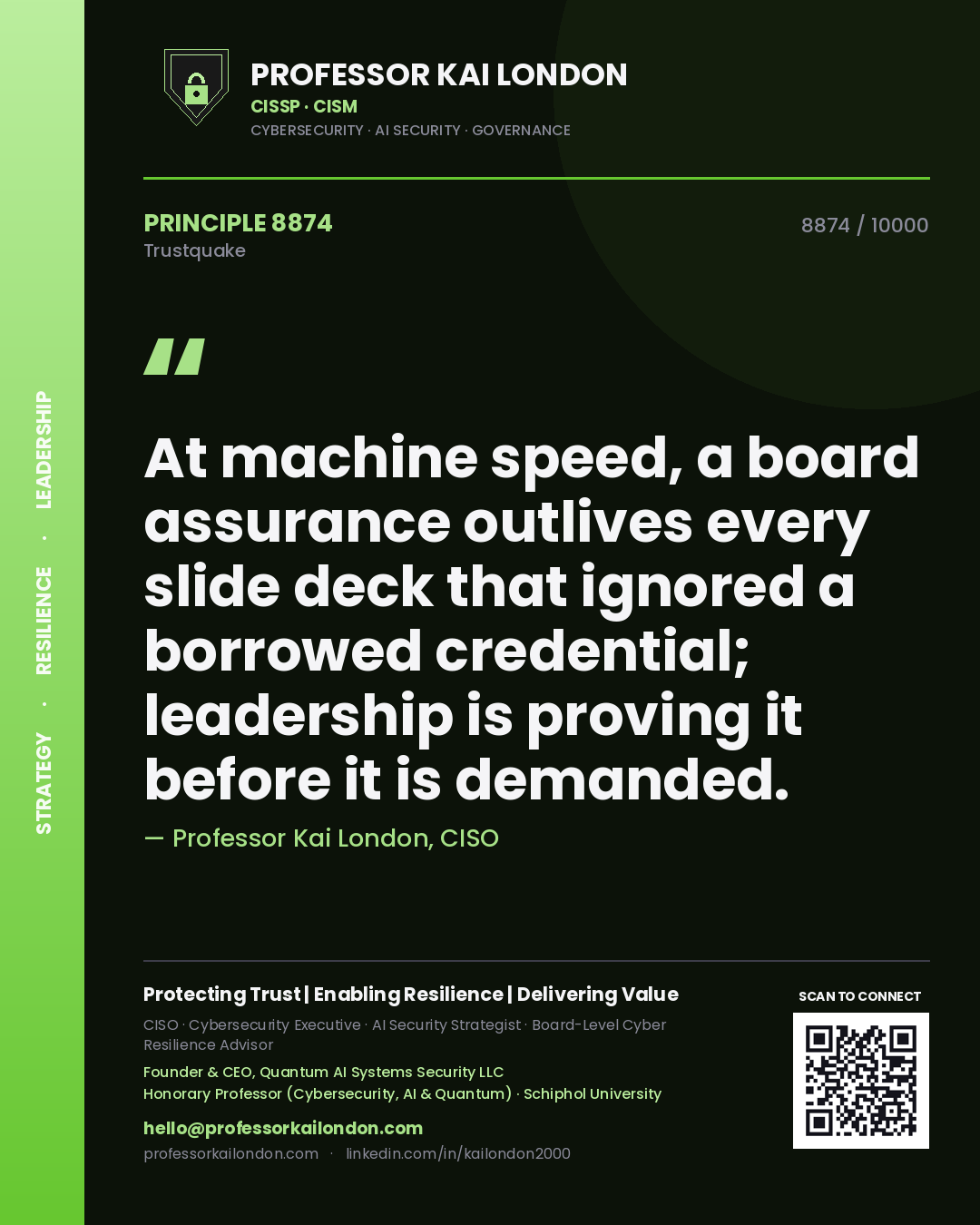 Professor Kai London principle 8874: At machine speed, a board assurance outlives every slide deck that ignored a borrowed credential; leadership is proving it before it is demanded.
