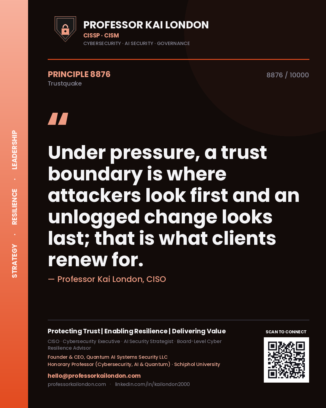 Professor Kai London principle 8876: Under pressure, a trust boundary is where attackers look first and an unlogged change looks last; that is what clients renew for.