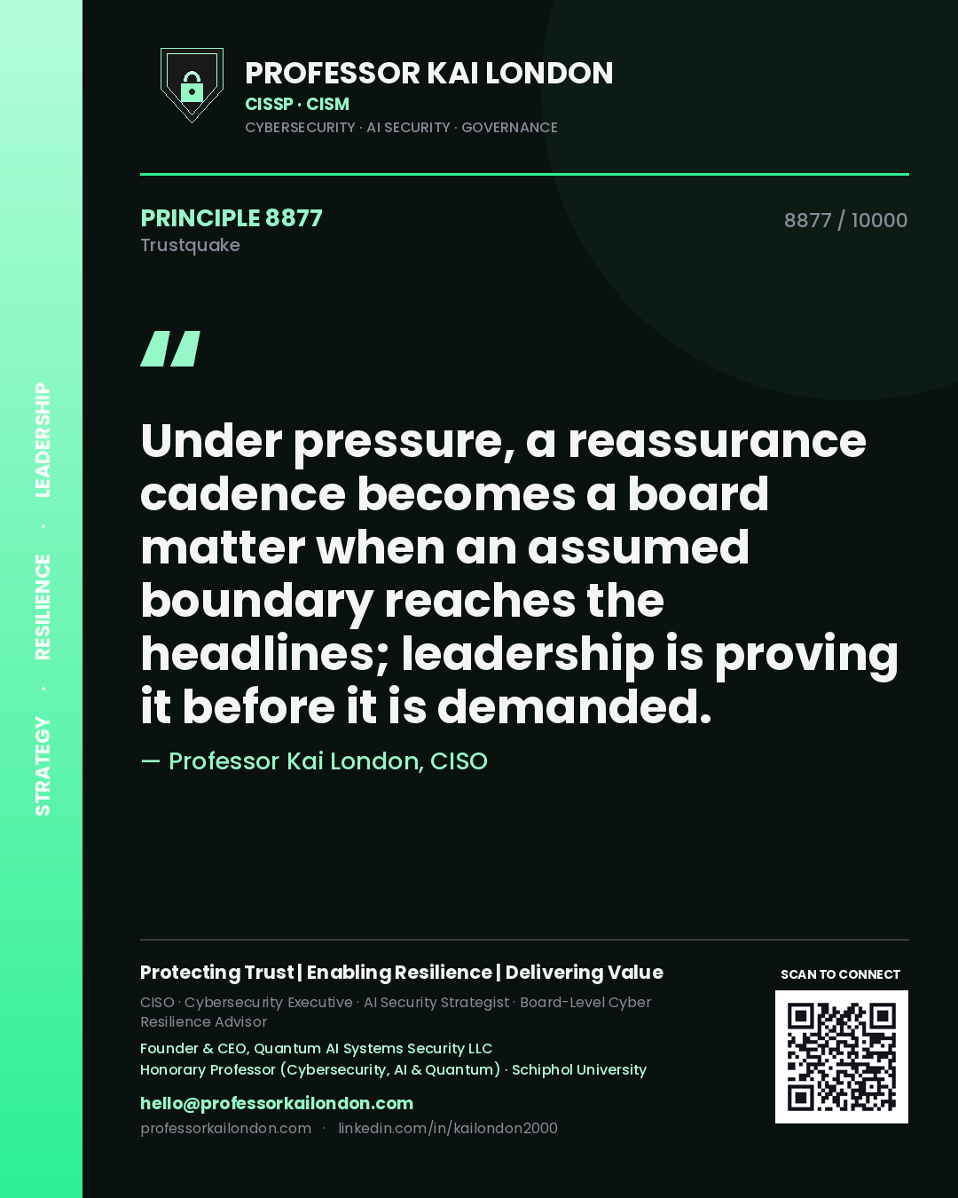 Professor Kai London principle 8877: Under pressure, a reassurance cadence becomes a board matter when an assumed boundary reaches the headlines; leadership is proving it before it is demanded.