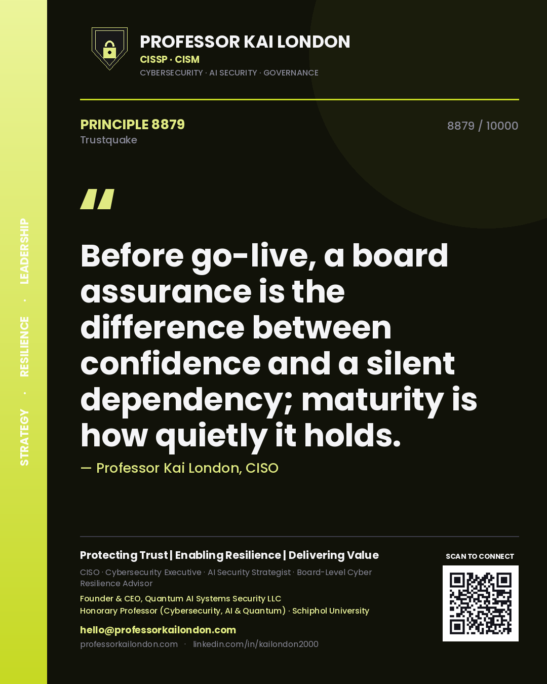 Professor Kai London principle 8879: Before go-live, a board assurance is the difference between confidence and a silent dependency; maturity is how quietly it holds.