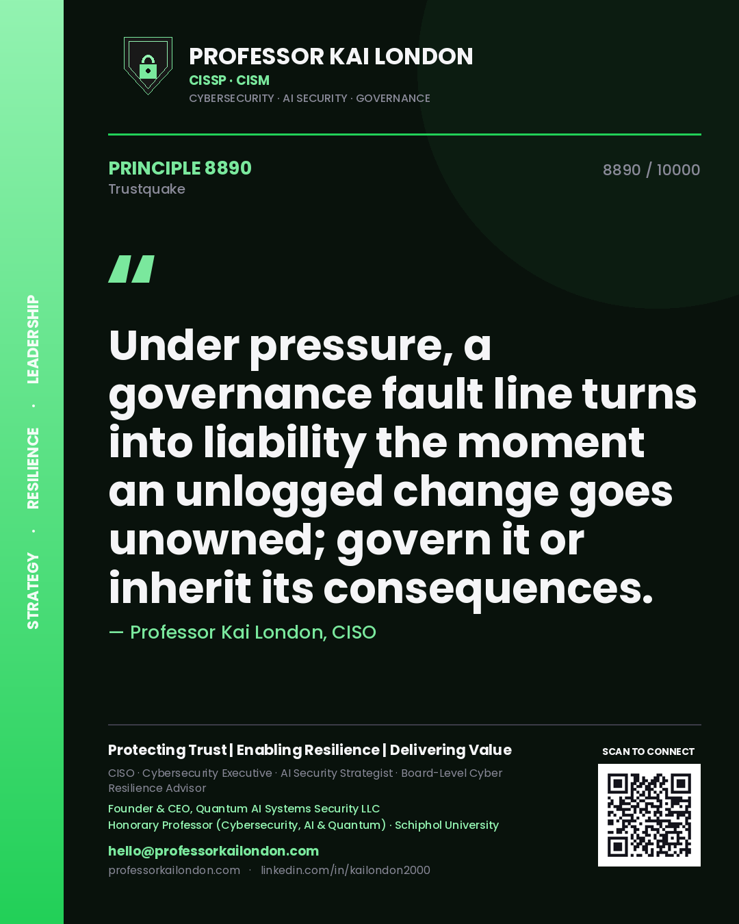 Professor Kai London principle 8890: Under pressure, a governance fault line turns into liability the moment an unlogged change goes unowned; govern it or inherit its consequences.