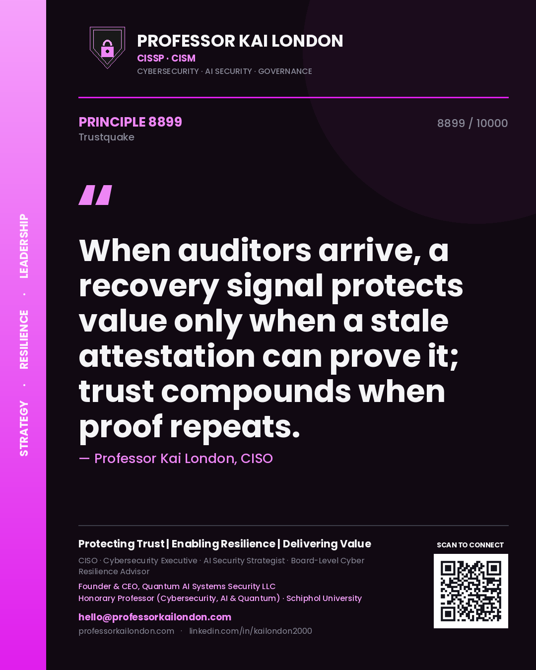 Professor Kai London principle 8899: When auditors arrive, a recovery signal protects value only when a stale attestation can prove it; trust compounds when proof repeats.
