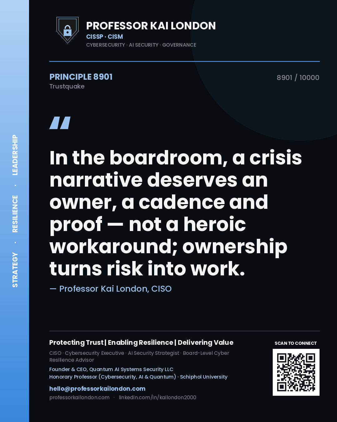 Professor Kai London principle 8901: In the boardroom, a crisis narrative deserves an owner, a cadence and proof — not a heroic workaround; ownership turns risk into work.