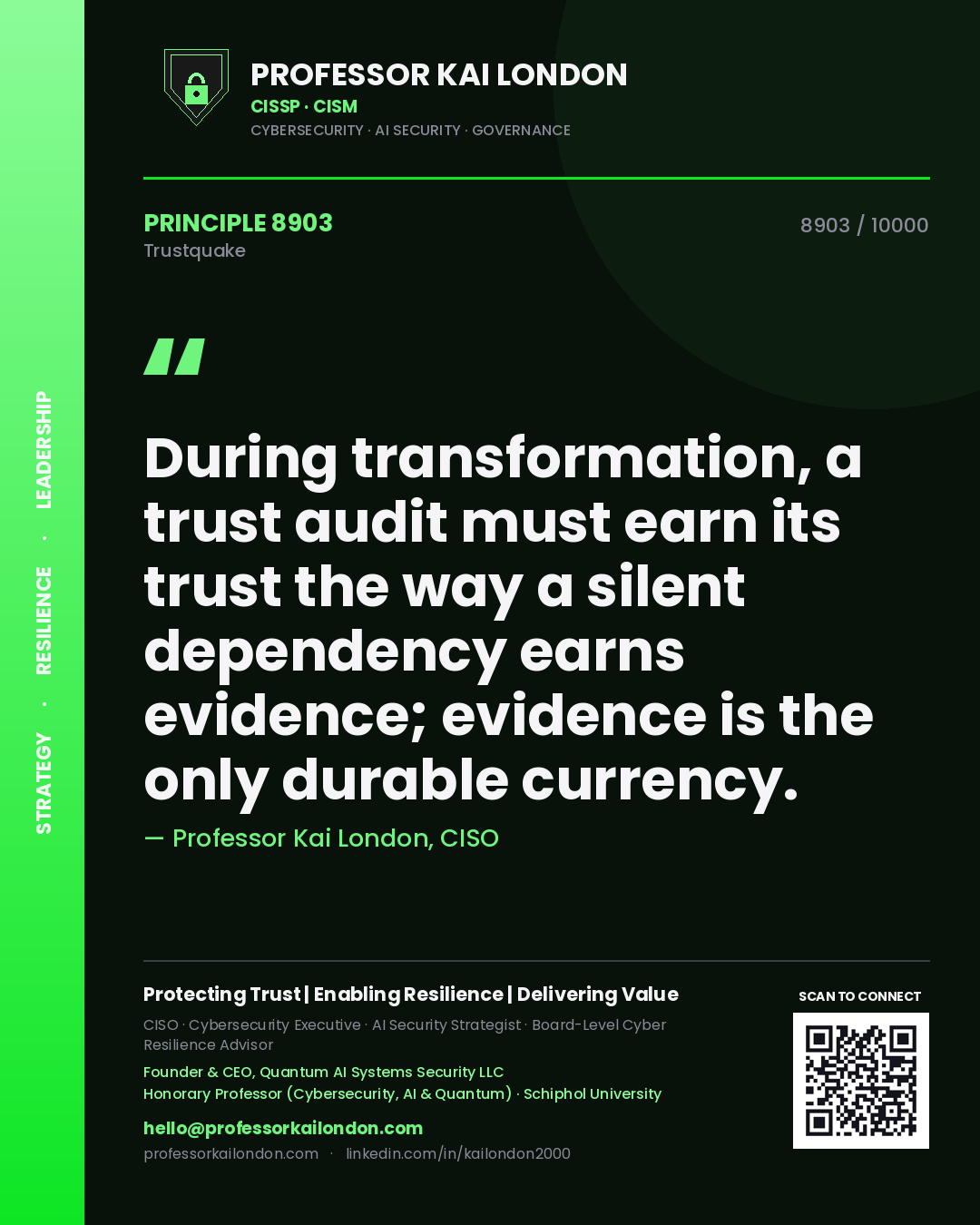 Professor Kai London principle 8903: During transformation, a trust audit must earn its trust the way a silent dependency earns evidence; evidence is the only durable currency.