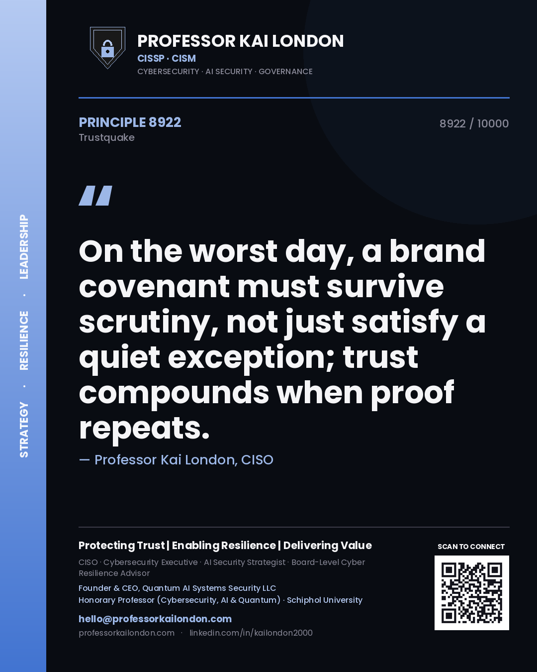 Professor Kai London principle 8922: On the worst day, a brand covenant must survive scrutiny, not just satisfy a quiet exception; trust compounds when proof repeats.