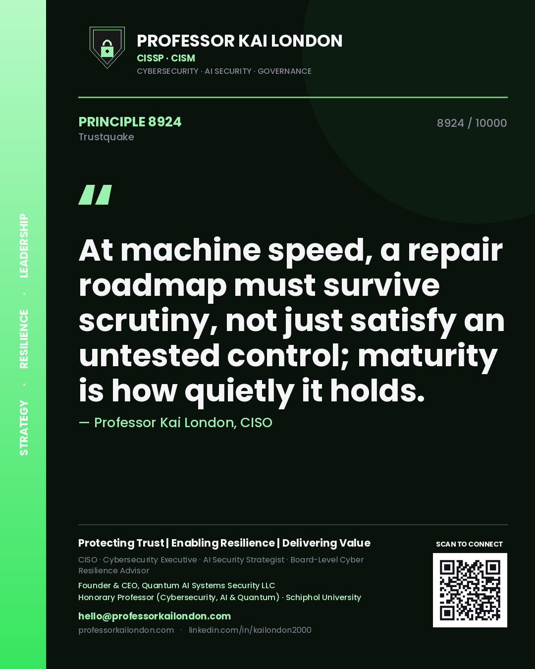 Professor Kai London principle 8924: At machine speed, a repair roadmap must survive scrutiny, not just satisfy an untested control; maturity is how quietly it holds.