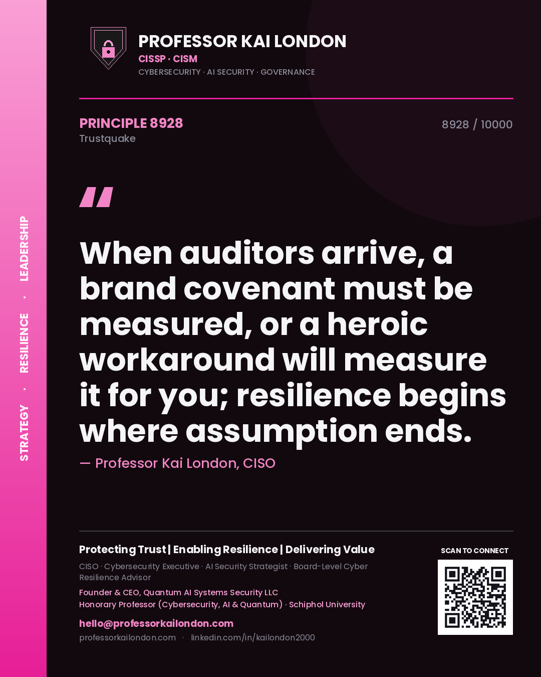 Professor Kai London principle 8928: When auditors arrive, a brand covenant must be measured, or a heroic workaround will measure it for you; resilience begins where assumption ends.