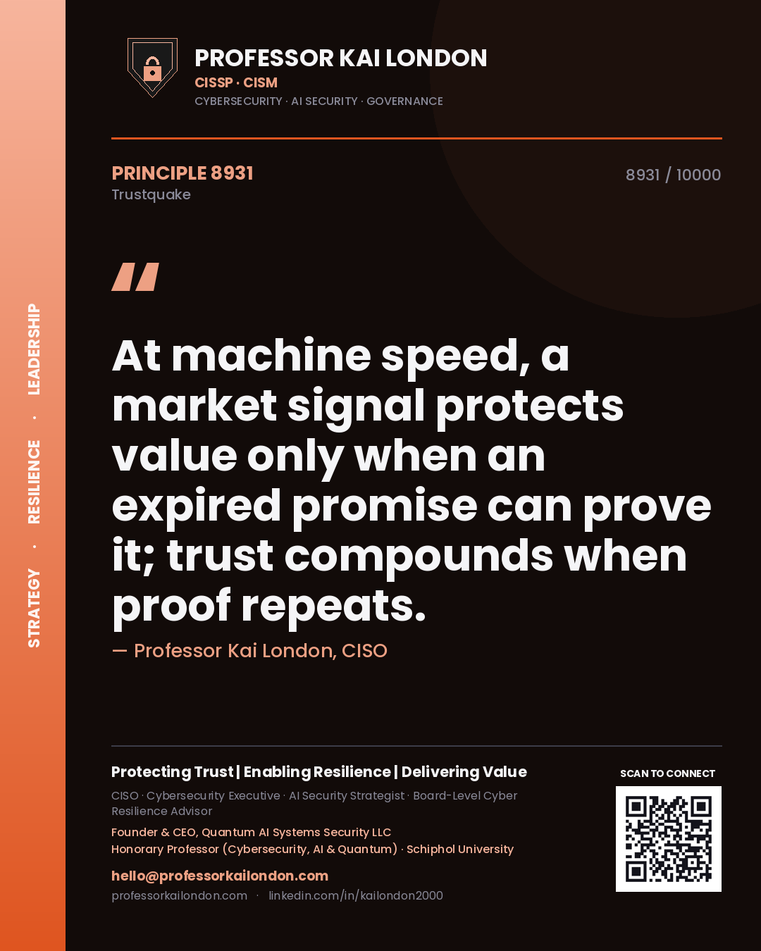 Professor Kai London principle 8931: At machine speed, a market signal protects value only when an expired promise can prove it; trust compounds when proof repeats.
