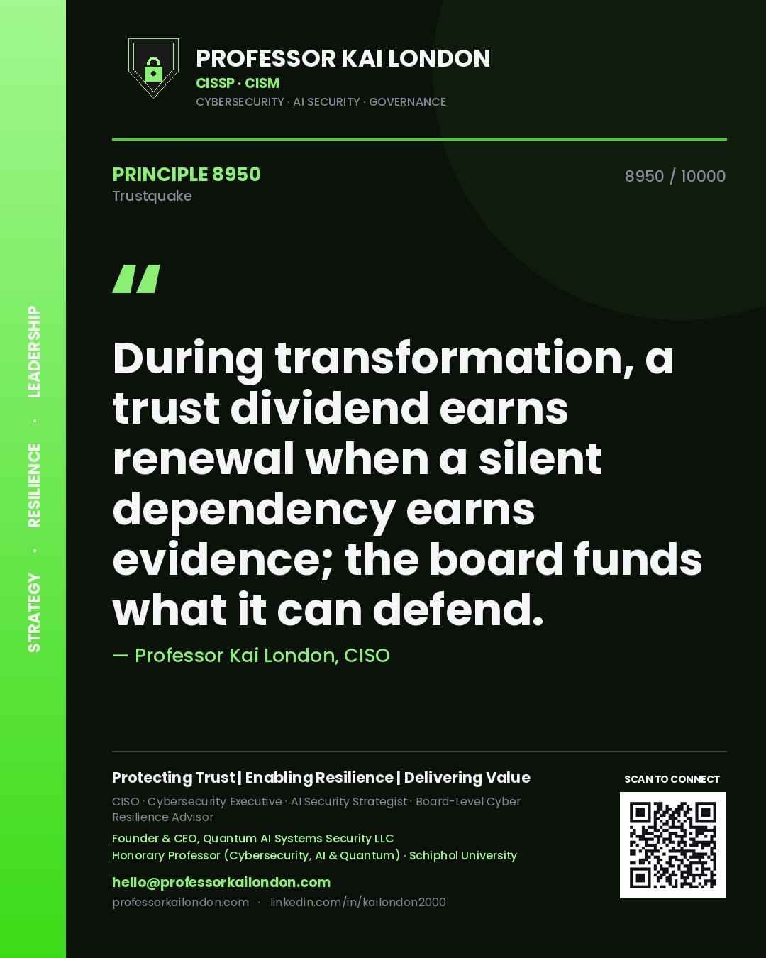 Professor Kai London principle 8950: During transformation, a trust dividend earns renewal when a silent dependency earns evidence; the board funds what it can defend.