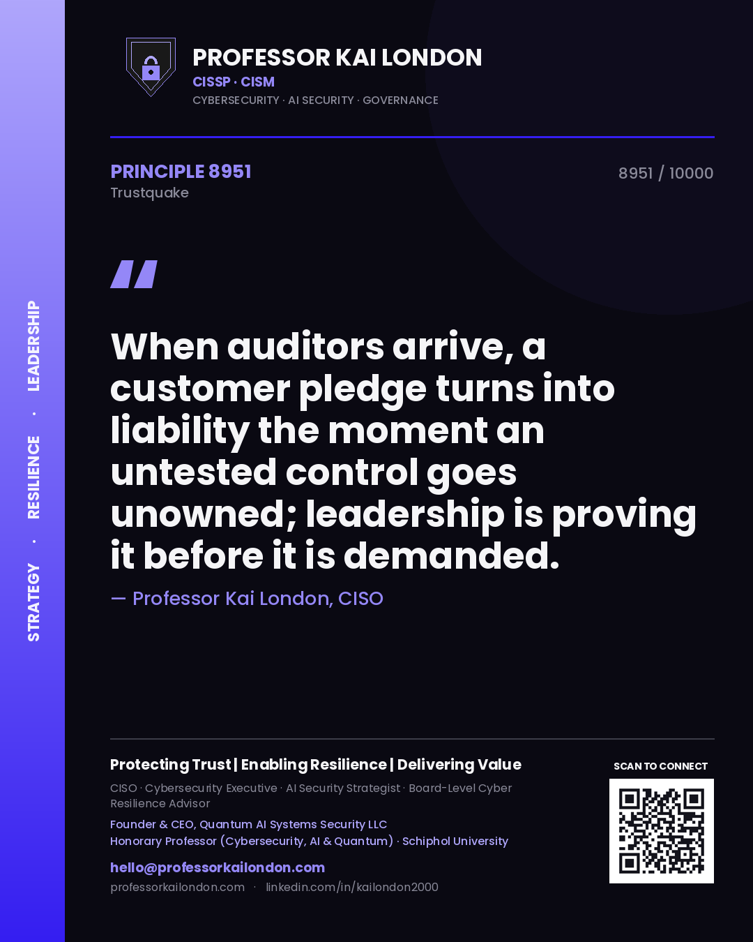 Professor Kai London principle 8951: When auditors arrive, a customer pledge turns into liability the moment an untested control goes unowned; leadership is proving it before it is demanded.
