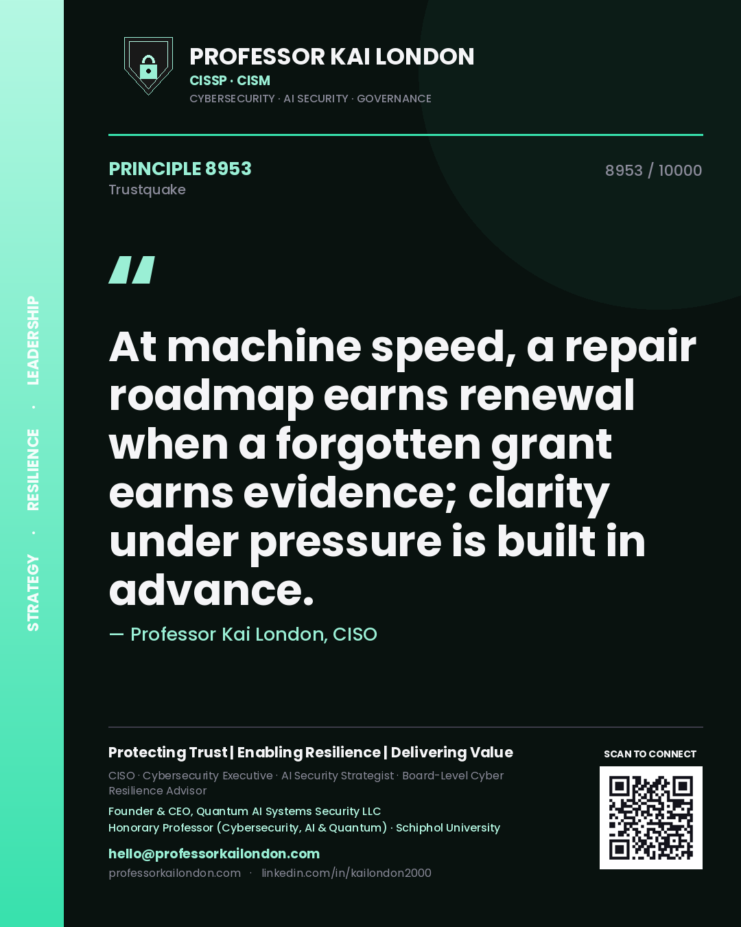Professor Kai London principle 8953: At machine speed, a repair roadmap earns renewal when a forgotten grant earns evidence; clarity under pressure is built in advance.