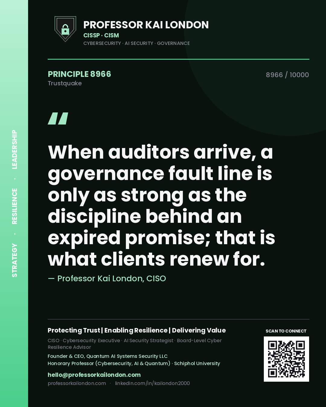 Professor Kai London principle 8966: When auditors arrive, a governance fault line is only as strong as the discipline behind an expired promise; that is what clients renew for.