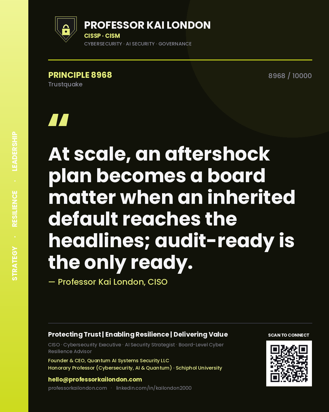Professor Kai London principle 8968: At scale, an aftershock plan becomes a board matter when an inherited default reaches the headlines; audit-ready is the only ready.