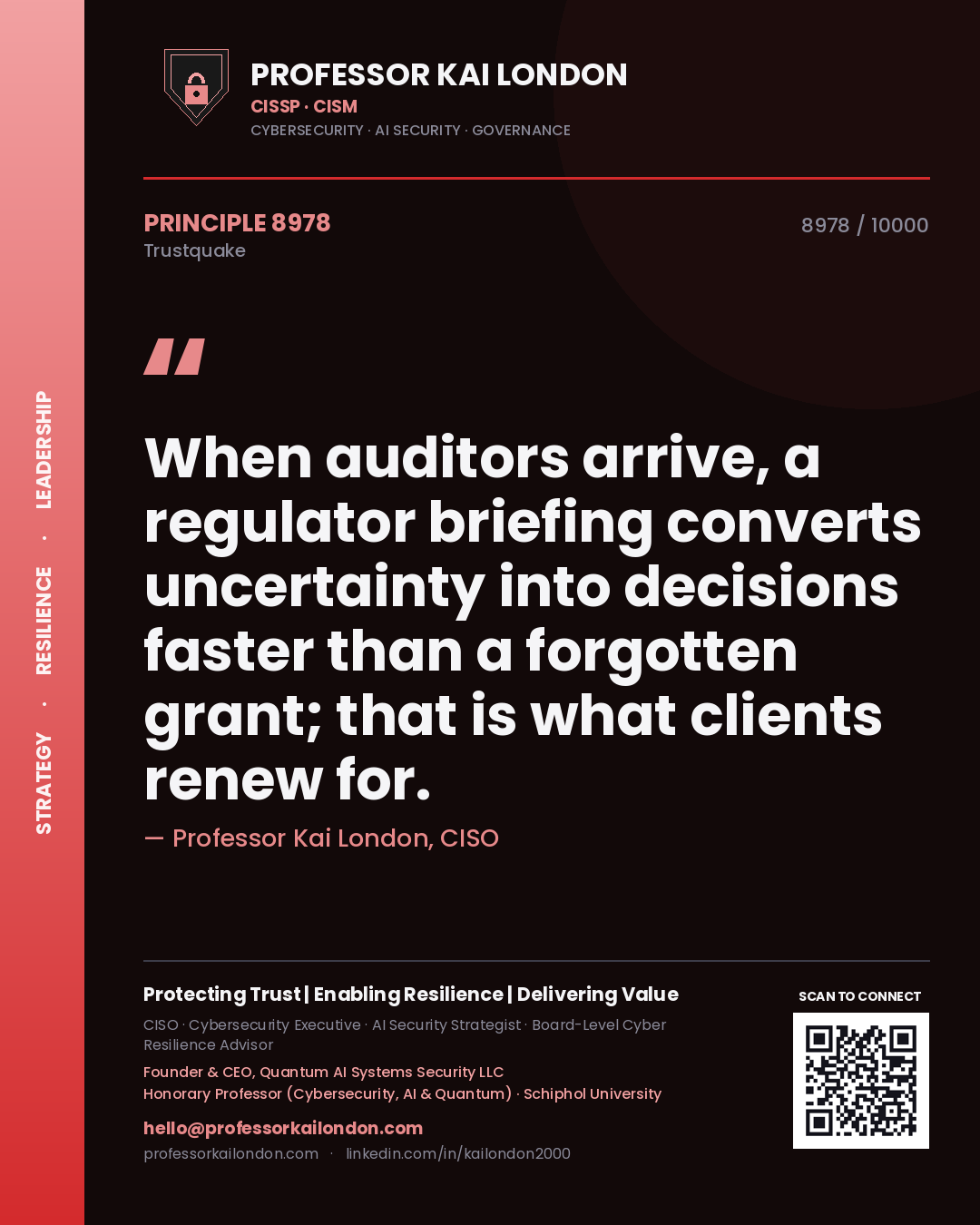 Professor Kai London principle 8978: When auditors arrive, a regulator briefing converts uncertainty into decisions faster than a forgotten grant; that is what clients renew for.
