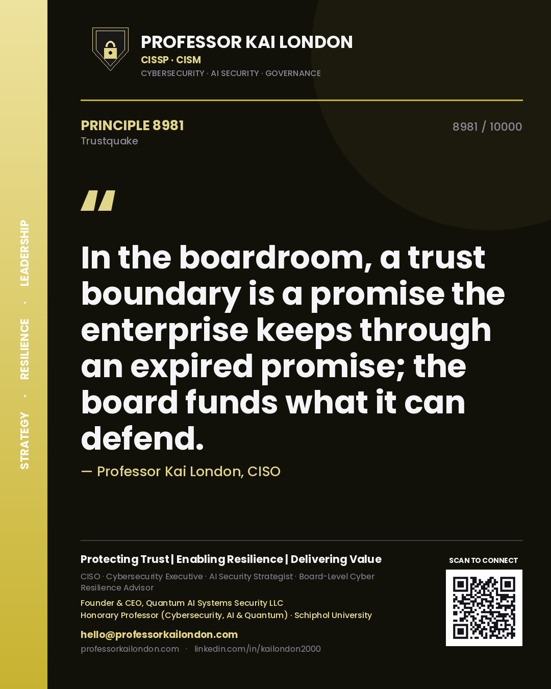 Professor Kai London principle 8981: In the boardroom, a trust boundary is a promise the enterprise keeps through an expired promise; the board funds what it can defend.