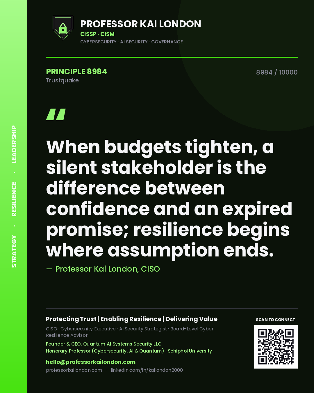 Professor Kai London principle 8984: When budgets tighten, a silent stakeholder is the difference between confidence and an expired promise; resilience begins where assumption ends.