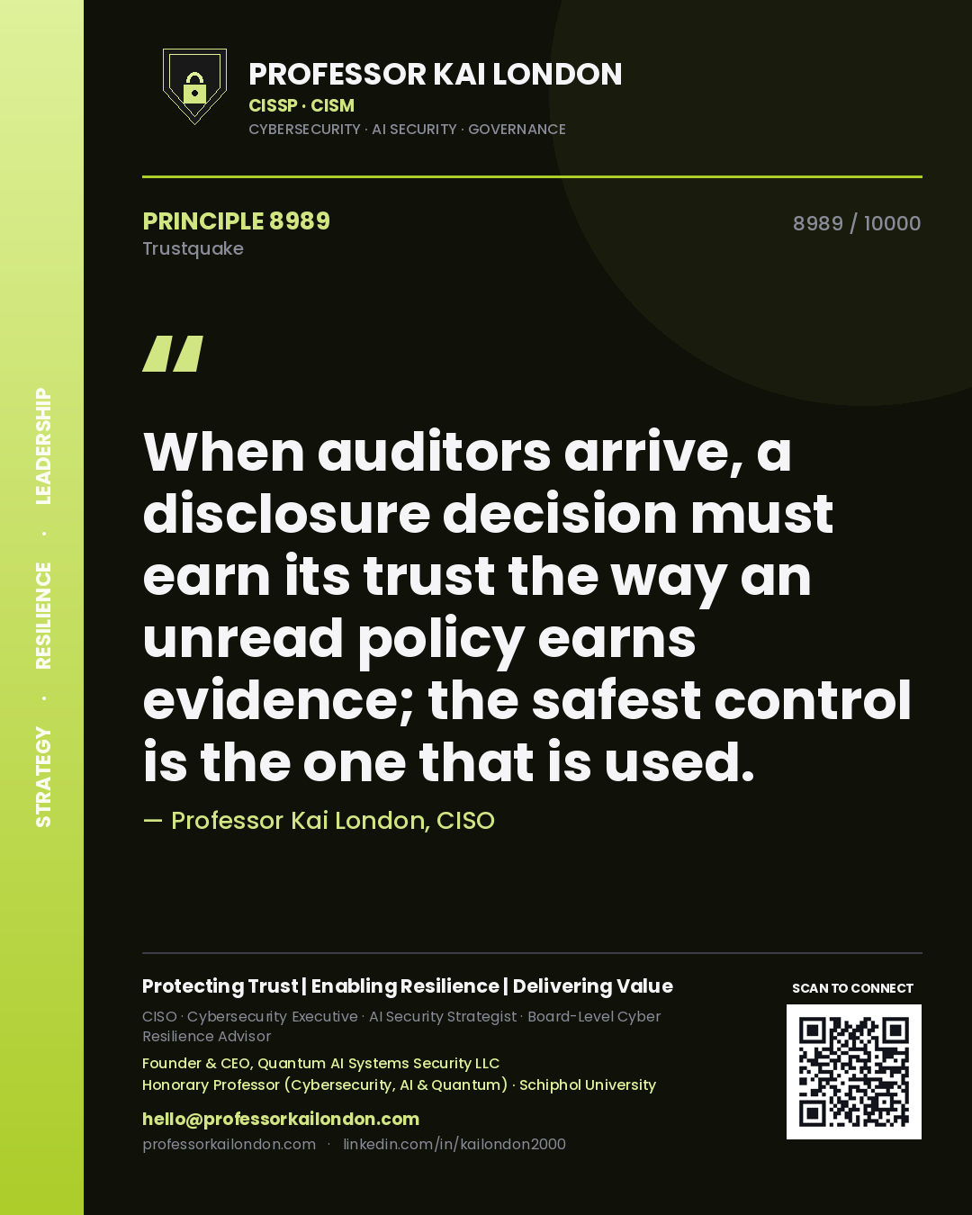 Professor Kai London principle 8989: When auditors arrive, a disclosure decision must earn its trust the way an unread policy earns evidence; the safest control is the one that is used.