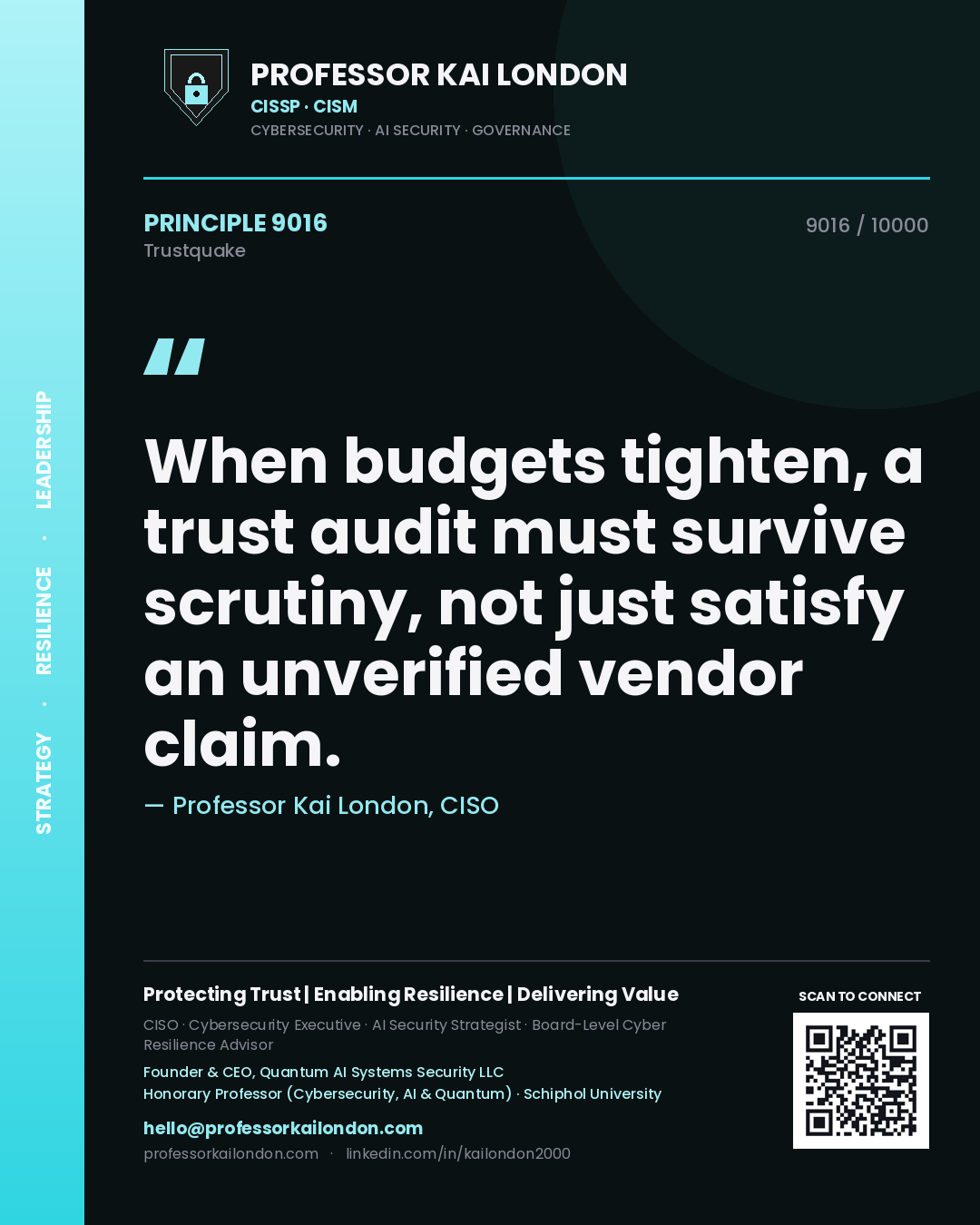 Professor Kai London principle 9016: When budgets tighten, a trust audit must survive scrutiny, not just satisfy an unverified vendor claim.