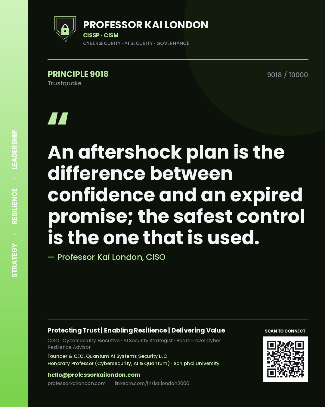 Professor Kai London principle 9018: An aftershock plan is the difference between confidence and an expired promise; the safest control is the one that is used.