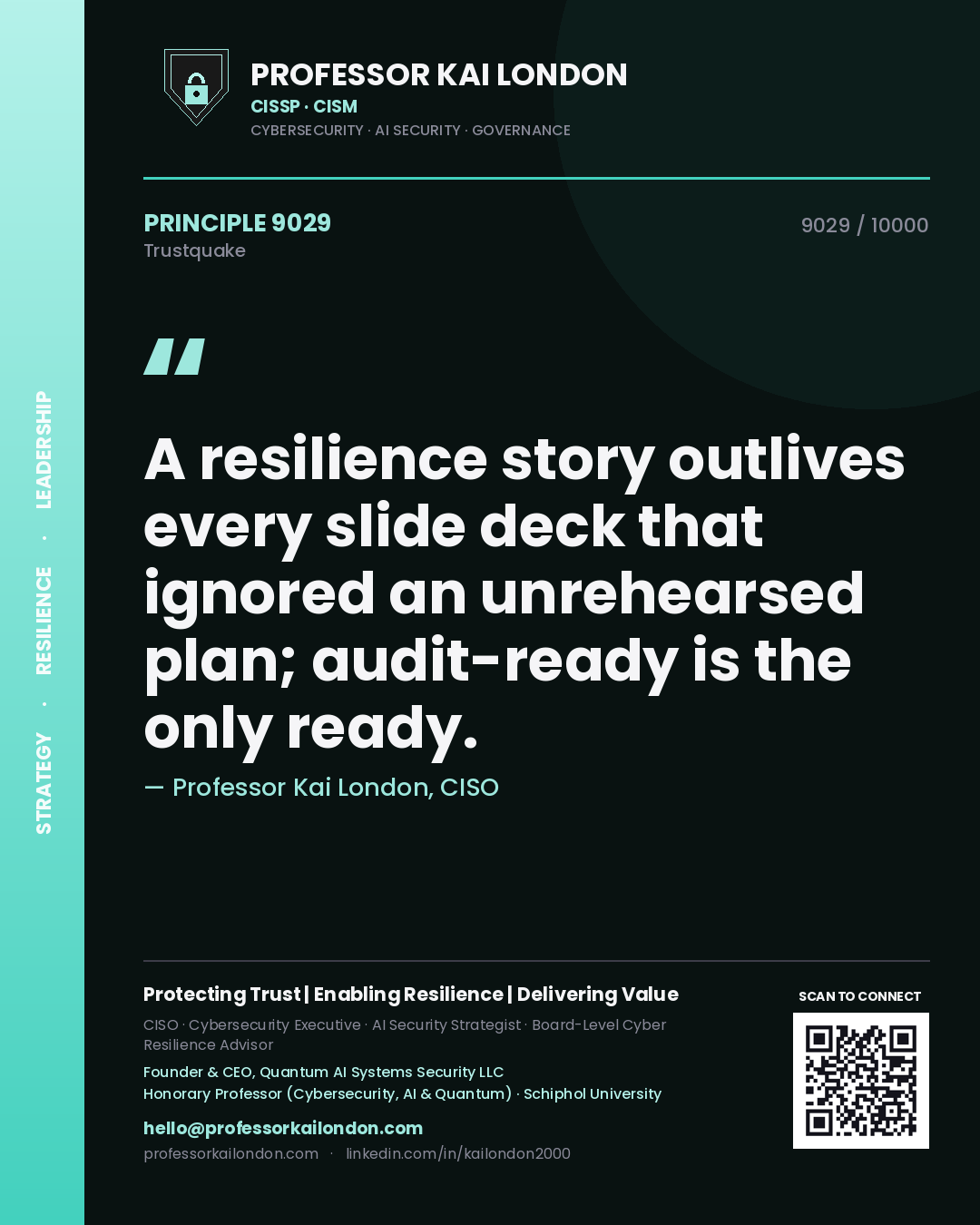 Professor Kai London principle 9029: A resilience story outlives every slide deck that ignored an unrehearsed plan; audit-ready is the only ready.