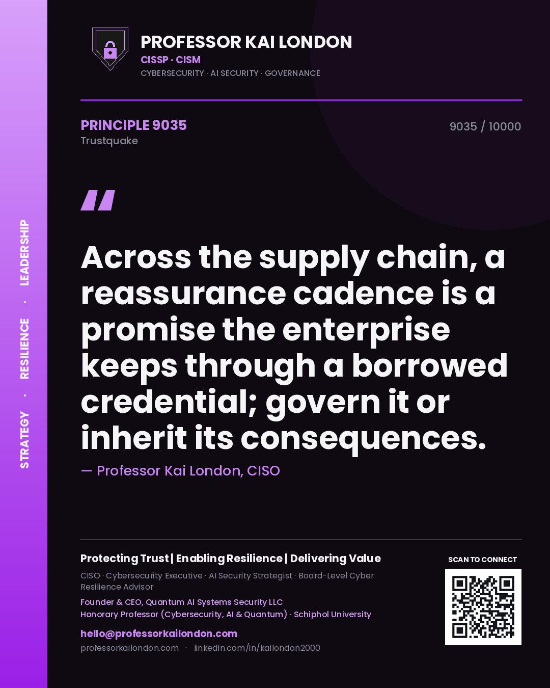 Professor Kai London principle 9035: Across the supply chain, a reassurance cadence is a promise the enterprise keeps through a borrowed credential; govern it or inherit its consequences.