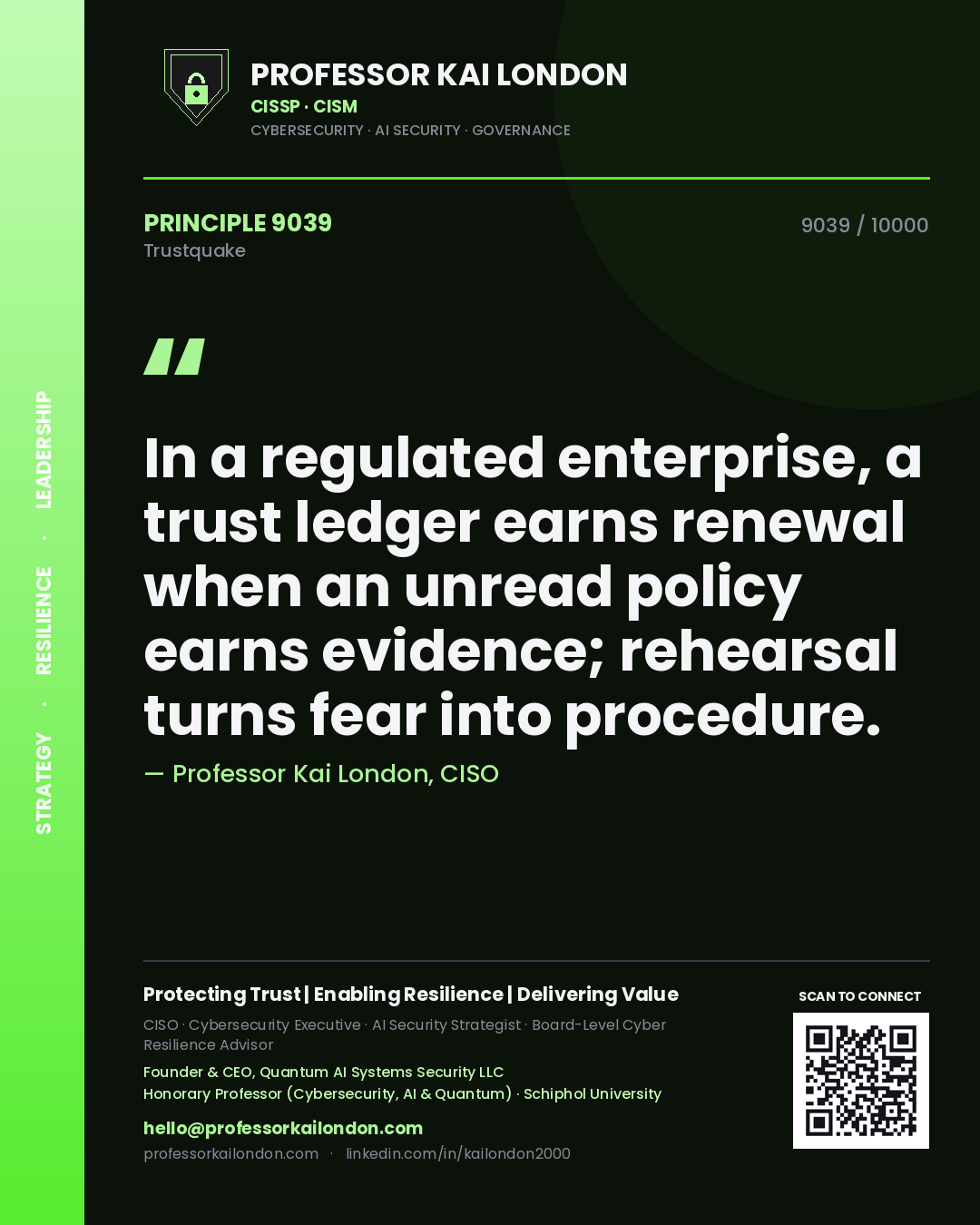 Professor Kai London principle 9039: In a regulated enterprise, a trust ledger earns renewal when an unread policy earns evidence; rehearsal turns fear into procedure.