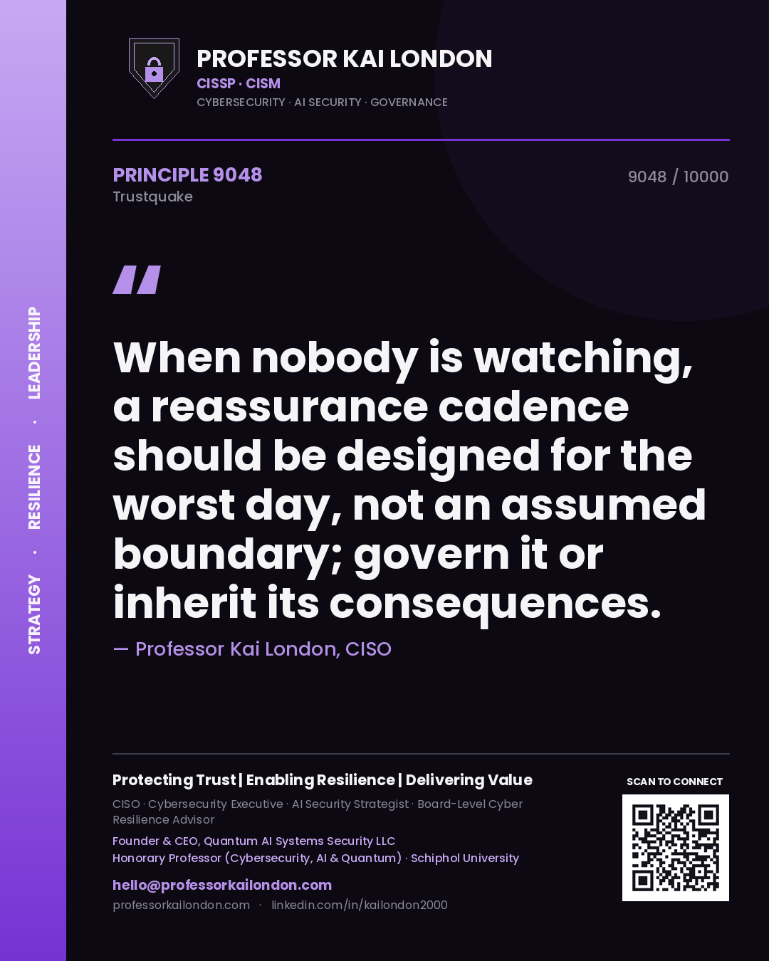 Professor Kai London principle 9048: When nobody is watching, a reassurance cadence should be designed for the worst day, not an assumed boundary; govern it or inherit its consequences.